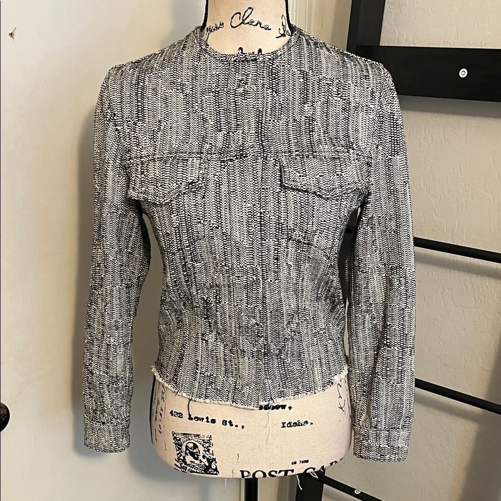 Marques’ Almeida Tweed Black White Raw Hem Pockets Snap Button Jacket Luxury